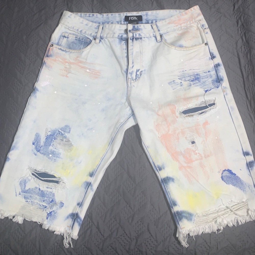 FBRK Light Blue With Colored Ripped Denim Shorts men size  36